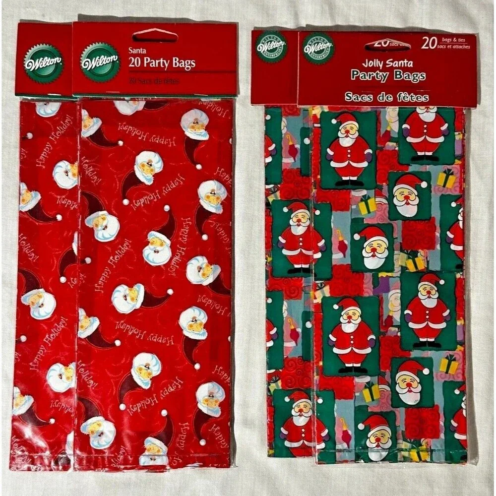 WILTON Party Treat Bags w Ties 20 ct - Christmas Holiday Santa - YOU CHOOSE